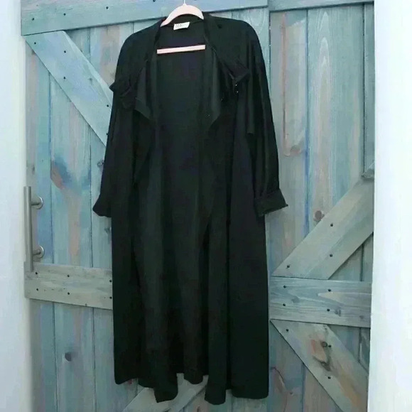 1970s Black Wrap Dress Coat Vintage Polyester Belted Size Medium - Picture 8 of 8